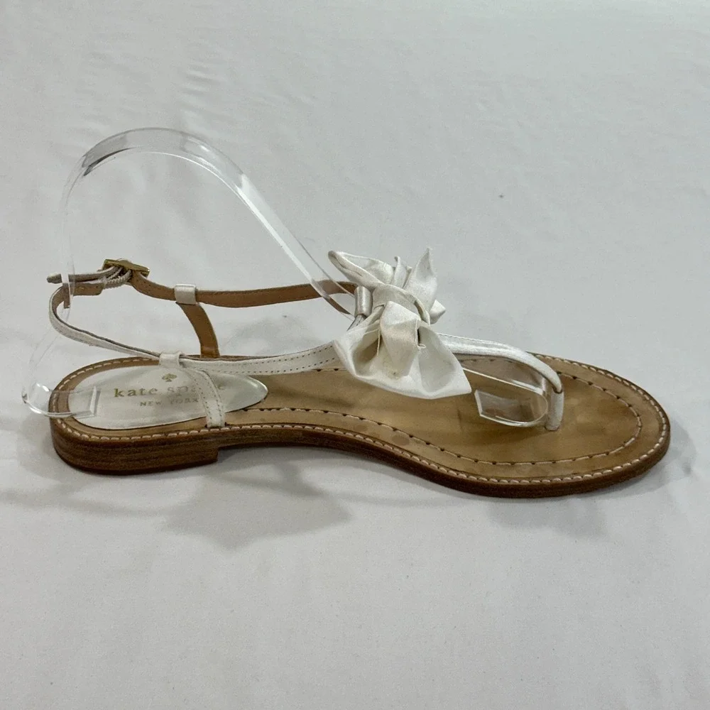 Kate Spade Sandals Womens 7.5 White‎ Leather Satin Bow Thong Ankle Strap Flat